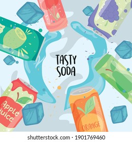 Tasty soda cans with ice cubes design, drink beverage and liquid theme Vector illustration