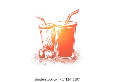 Tasty soda, fresh cold beverage in disposable cups with straws, cola and ice cubes, thirst quenching