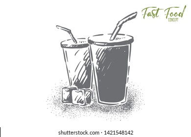 Tasty soda, fresh cold beverage in disposable cups with straws, cola and ice cubes, thirst quenching. Delicious refreshment, sweet takeaway drink concept sketch. Hand drawn vector illustration