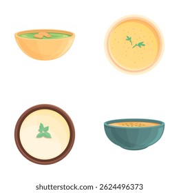 Tasty soup icons set cartoon vector. Bowl of fresh vegetable soup. Vegan dish, healthy nutrition