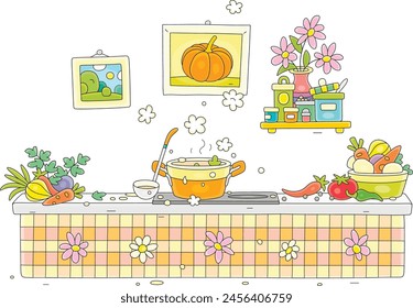 Sabrosa sopa con verduras y especias cocinándose en una sartén en una placa de estufa en una divertida y acogedora cocina decorada con flores y cuadros de verano, ilustración de dibujos animados de Vector sobre un fondo blanco