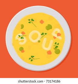 Tasty soup in white bowl. Vector illustration.