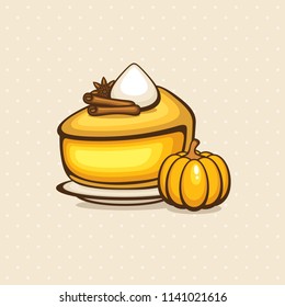 Tasty spice pumpkin pie vector illustration. Traditional autumn homemade dessert. Sweet cake for decoration bakery, menu and logo. Cute food.