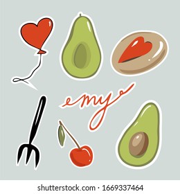 Tasty stickers with avocado and cherry, isolated vector. Printing typography for gliders, notebooks, diaries, business cards, booklets. emblems for shirts, cups and kitchen products.