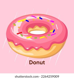 Tasty strawberry donut, sprinkles falling from top in 3d illustration isolated on pink background