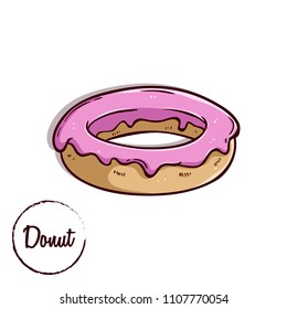 tasty strawberry donut with text using colored doodle style on white background