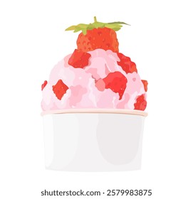 Tasty strawberry ice cream balls in paper cup. Cartoon cold summer dessert illustration isolated on white. 