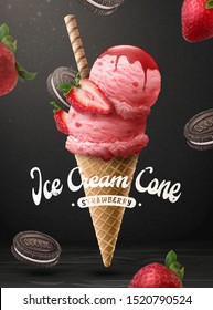 Tasty strawberry ice cream cone ads with fresh fruit and chocolate cookie on black background in 3d illustration