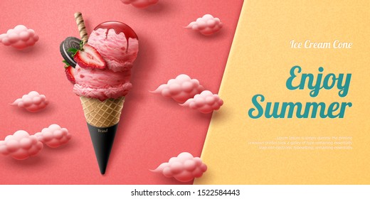 Tasty strawberry ice cream cone ads with fresh fruit and chocolate cookie on cloudy pink background in 3d illustration