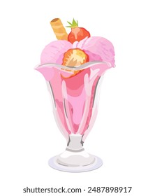 Tasty strawberry pink cartoon ice cream scoops on a sundae glass. Summer dessert vector icon illustration.
