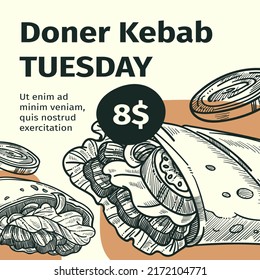 Tasty street food for special price, doner kebab Tuesday on menu in restaurant. tasty food with chicken meat and vegetables. Promotional banner, leaflet or flyer, advertisement vector in flat style