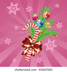 Tasty striped candy cane with red bow and Christmas tree branch.