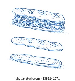 Tasty sub sandwich tasty sandwich with tomato, salad, cheese and ham. And empty sandwich bread without filling. Hand drawn line art cartoon vector illustration. 