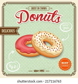 Tasty sugar pastry delicious donut dessert on cafe retro poster vector illustration