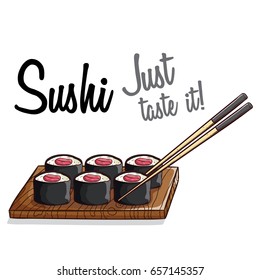 tasty sushi set on the board with chopsticks and text