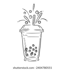 Tasty sweet bubble tea with splashes and straw in disposable transparent glass with cup. Hand drawn vector sketch illustration in doodle vintage engra