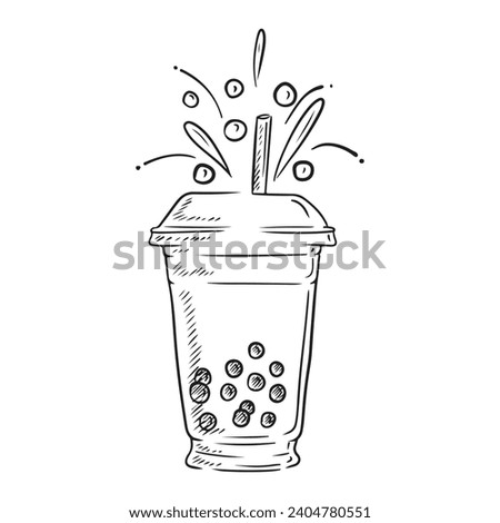 Tasty sweet bubble tea with splashes and straw in disposable transparent glass with cup. Hand drawn vector sketch illustration in doodle vintage engra