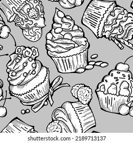 Tasty sweet cupcake dessert decorative seamless vector pattern for textile design, fabric print, digital or wrapping, wall paper, background and backdrop, bakery shop decoration, cafe, restaurant menu