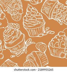 Tasty sweet cupcake dessert decorative seamless vector pattern for textile design, fabric print, digital or wrapping, wall paper, background and backdrop, bakery shop decoration, cafe, restaurant menu