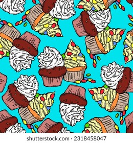 Tasty sweet cupcake dessert decorative seamless vector pattern for textile design, fabric print, digital or wrapping, wall paper, background and backdrop, bakery shop decoration, cafe, restaurant menu