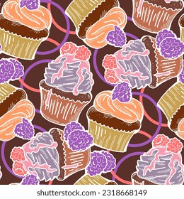 Tasty sweet cupcake dessert decorative seamless vector pattern for textile design, fabric print, digital or wrapping, wall paper, background and backdrop, bakery shop decoration, cafe, restaurant menu