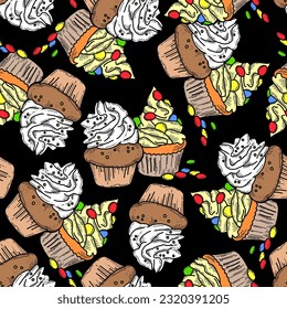 Tasty sweet cupcake dessert decorative seamless vector pattern for textile design, fabric print, digital or wrapping, wall paper, background and backdrop, bakery shop decoration, cafe, restaurant menu