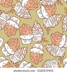 Tasty sweet cupcake dessert decorative seamless vector pattern for textile design, fabric print, digital or wrapping, wall paper, background and backdrop, bakery shop decoration, cafe, restaurant menu