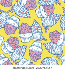 Tasty sweet cupcake dessert decorative seamless vector pattern for textile design, fabric print, digital or wrapping, wall paper, background and backdrop, bakery shop decoration, cafe, restaurant menu