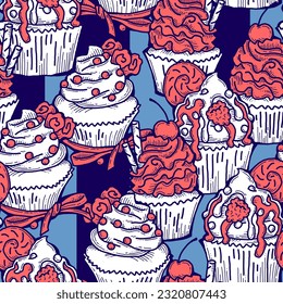 Tasty sweet cupcake dessert decorative seamless vector pattern for textile design, fabric print, digital or wrapping, wall paper, background and backdrop, bakery shop decoration, cafe, restaurant menu