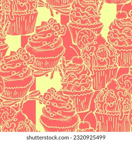 Tasty sweet cupcake dessert decorative seamless vector pattern for textile design, fabric print, digital or wrapping, wall paper, background and backdrop, bakery shop decoration, cafe, restaurant menu