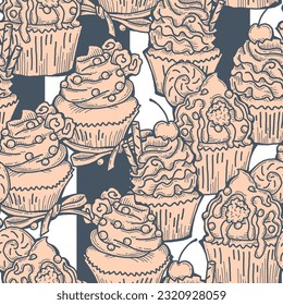 Tasty sweet cupcake dessert decorative seamless vector pattern for textile design, fabric print, digital or wrapping, wall paper, background and backdrop, bakery shop decoration, cafe, restaurant menu