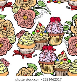 Tasty sweet cupcake dessert decorative seamless vector pattern for textile design, fabric print, digital or wrapping, wall paper, background and backdrop, bakery shop decoration, cafe, restaurant menu