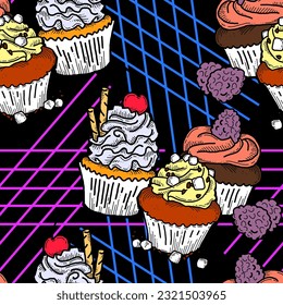 Tasty sweet cupcake dessert decorative seamless vector pattern for textile design, fabric print, digital or wrapping, wall paper, background and backdrop, bakery shop decoration, cafe, restaurant menu