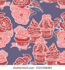 Tasty sweet cupcake dessert decorative seamless vector pattern for textile design, fabric print, digital or wrapping, wall paper, background and backdrop, bakery shop decoration, cafe, restaurant menu