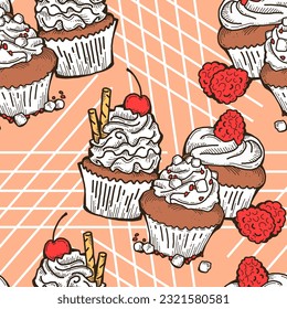 Tasty sweet cupcake dessert decorative seamless vector pattern for textile design, fabric print, digital or wrapping, wall paper, background and backdrop, bakery shop decoration, cafe, restaurant menu