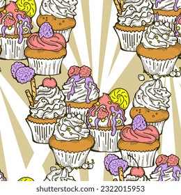 Tasty sweet cupcake dessert decorative seamless vector pattern for textile design, fabric print, digital or wrapping, wall paper, background and backdrop, bakery shop decoration, cafe, restaurant menu
