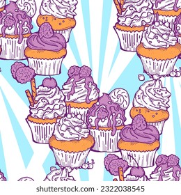 Tasty sweet cupcake dessert decorative seamless vector pattern for textile design, fabric print, digital or wrapping, wall paper, background and backdrop, bakery shop decoration, cafe, restaurant menu