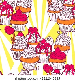 Tasty sweet cupcake dessert decorative seamless vector pattern for textile design, fabric print, digital or wrapping, wall paper, background and backdrop, bakery shop decoration, cafe, restaurant menu
