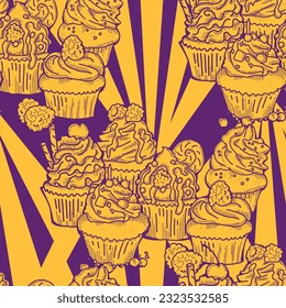 Tasty sweet cupcake dessert decorative seamless vector pattern for textile design, fabric print, digital or wrapping, wall paper, background and backdrop, bakery shop decoration, cafe, restaurant menu