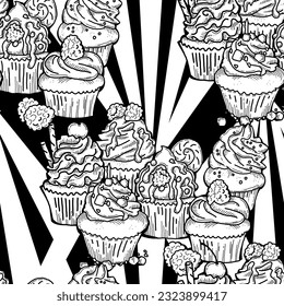 Tasty sweet cupcake dessert decorative seamless vector pattern for textile design, fabric print, digital or wrapping, wall paper, background and backdrop, bakery shop decoration, cafe, restaurant menu