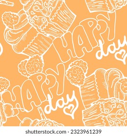 Tasty sweet cupcake dessert decorative seamless vector pattern for textile design, fabric print, digital or wrapping, wall paper, background and backdrop, bakery shop decoration, cafe, restaurant menu