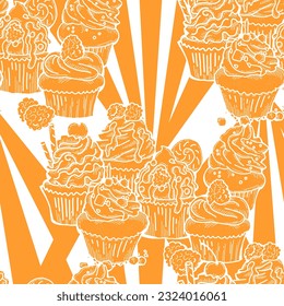 Tasty sweet cupcake dessert decorative seamless vector pattern for textile design, fabric print, digital or wrapping, wall paper, background and backdrop, bakery shop decoration, cafe, restaurant menu