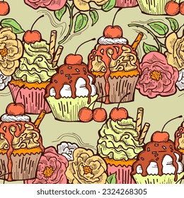 Tasty sweet cupcake dessert decorative seamless vector pattern for textile design, fabric print, digital or wrapping, wall paper, background and backdrop, bakery shop decoration, cafe, restaurant menu