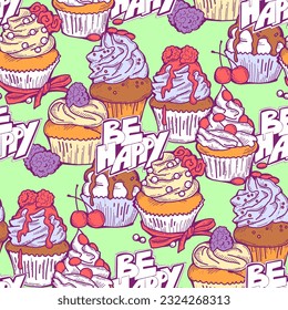 Tasty sweet cupcake dessert decorative seamless vector pattern for textile design, fabric print, digital or wrapping, wall paper, background and backdrop, bakery shop decoration, cafe, restaurant menu