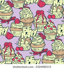 Tasty sweet cupcake dessert decorative seamless vector pattern for textile design, fabric print, digital or wrapping, wall paper, background and backdrop, bakery shop decoration, cafe, restaurant menu