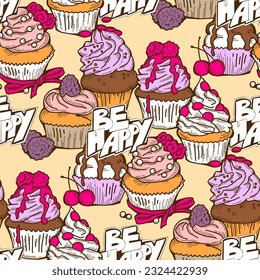 Tasty sweet cupcake dessert decorative seamless vector pattern for textile design, fabric print, digital or wrapping, wall paper, background and backdrop, bakery shop decoration, cafe, restaurant menu