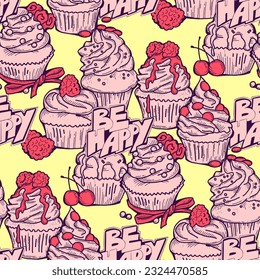 Tasty sweet cupcake dessert decorative seamless vector pattern for textile design, fabric print, digital or wrapping, wall paper, background and backdrop, bakery shop decoration, cafe, restaurant menu