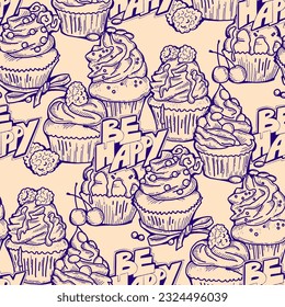 Tasty sweet cupcake dessert decorative seamless vector pattern for textile design, fabric print, digital or wrapping, wall paper, background and backdrop, bakery shop decoration, cafe, restaurant menu