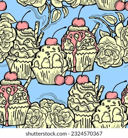 Tasty sweet cupcake dessert decorative seamless vector pattern for textile design, fabric print, digital or wrapping, wall paper, background and backdrop, bakery shop decoration, cafe, restaurant menu