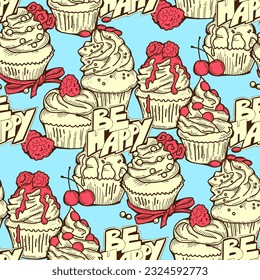 Tasty sweet cupcake dessert decorative seamless vector pattern for textile design, fabric print, digital or wrapping, wall paper, background and backdrop, bakery shop decoration, cafe, restaurant menu